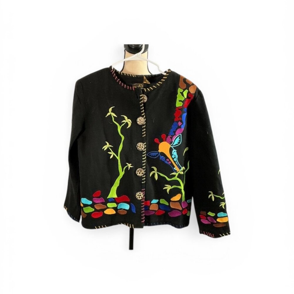 Julia Kim Black Embroidered Jacket – Colorful Art Design Button Front (M)